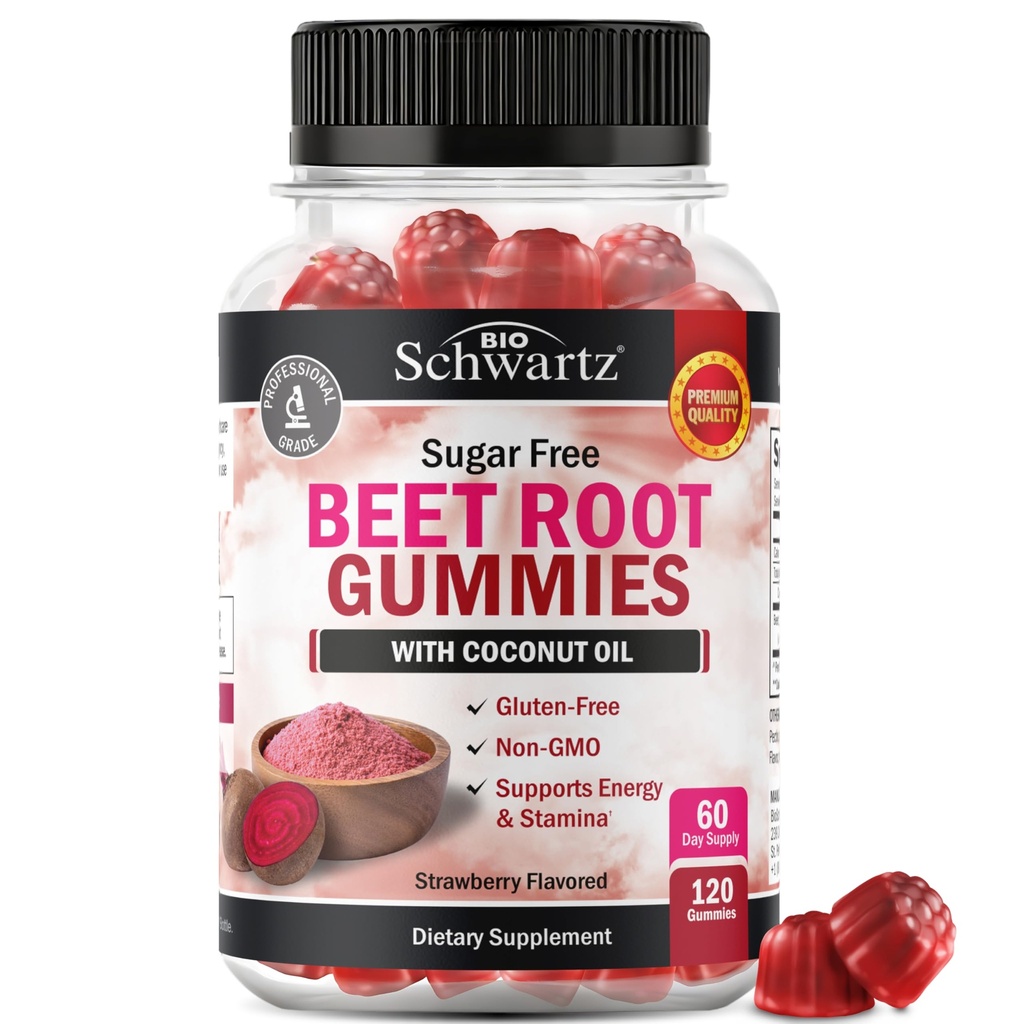 Sugar Free Beet Root Gummies - Nitric Oxide Gummies Infused with Coconut Oil for Highest Absorption - Supports Energy & Whole Body Health - Delicious Strawberry Flavor - 120 Count (60 Day Supply)