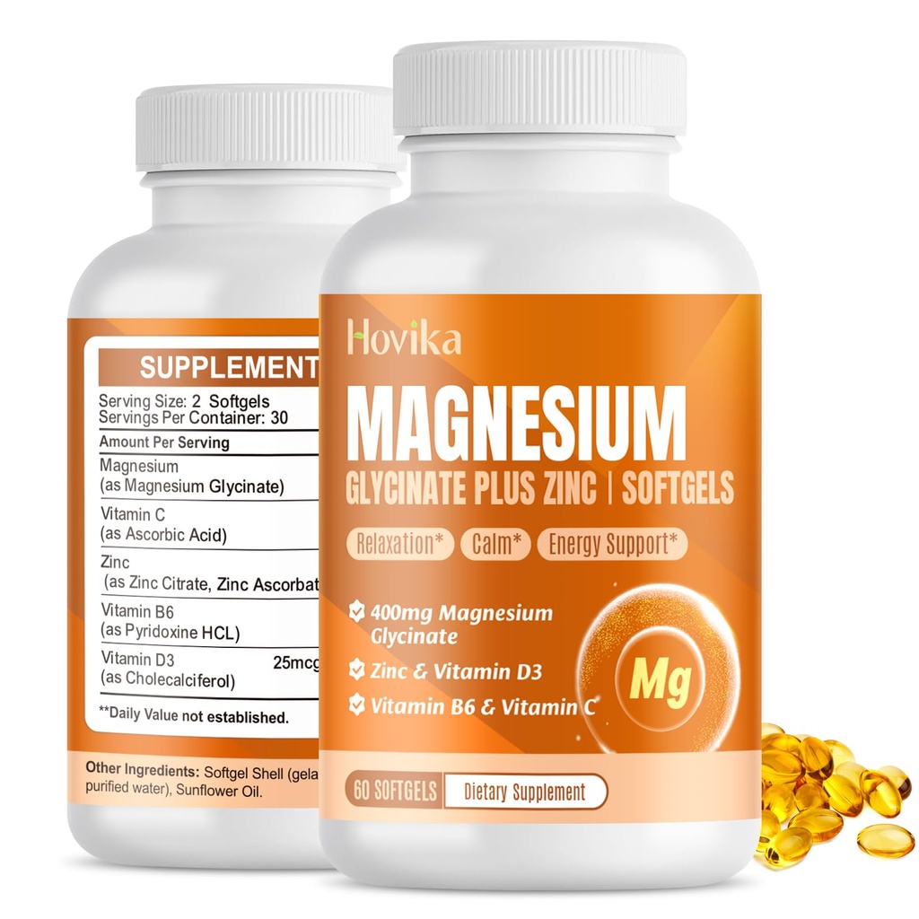 Magnesium Glycinate Supplement Softgels, Magnesium Glycinat 400mg mit Zink, Vitamin B6, C, D3, Reines Magnesium für Schlaf, Kalm, Muskel, Energie, Herzunterstützung - 60 Vegan Kapseln für Frauen & Männer