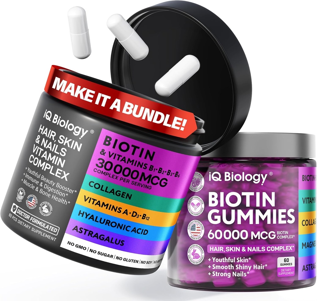 Biotin Hair Growth Bundle - Biotin Vitamins & Keratin Capsules + Hair Gumies with Collagen & Astragalus - Hair Skin Nails Vitamins for Women & Men