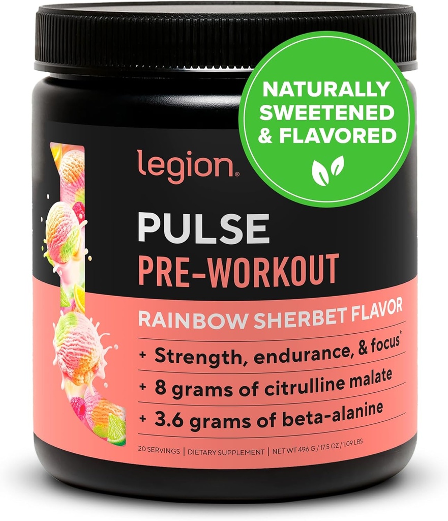 LEGION Pulse Pre Workout - Minden természetes nitrogén-oxid Pretushing Drink to Boost Energy, Creatine Free, Naturally Sweared, Beta Alanine, Citrulline, Alpha GPC (Szivárvány Sherbet)