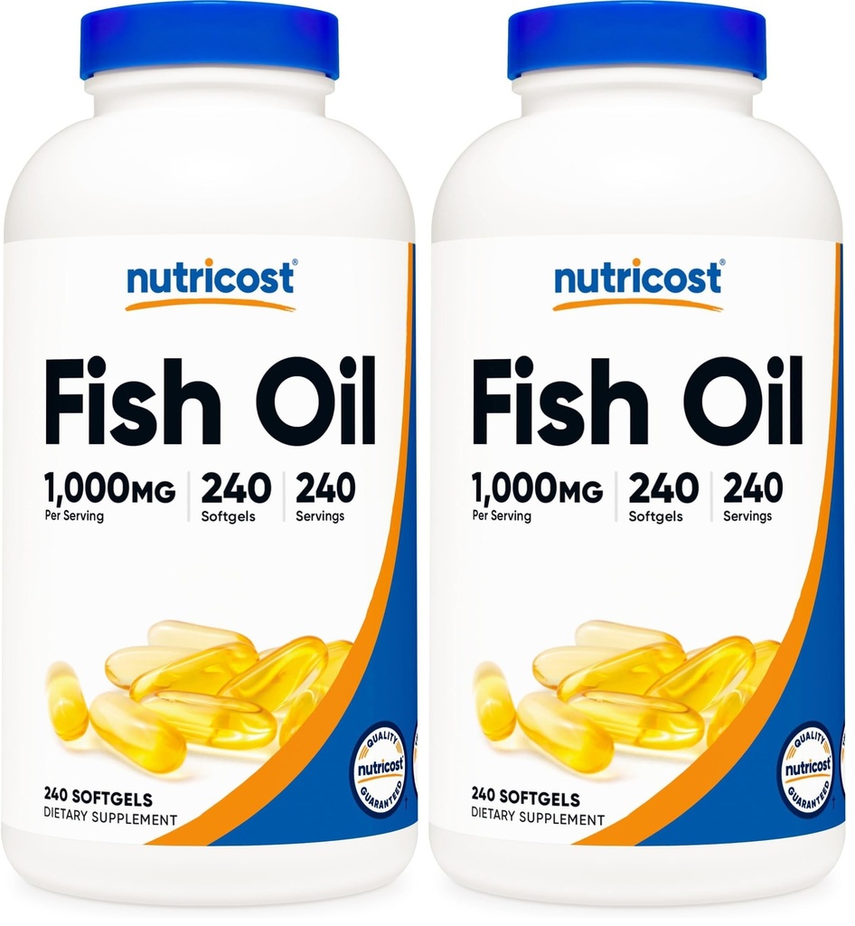 Nutricost Fish Oil Omega 3 Softgels with EPA & DHA (1000mg halolaj, 560mg Omega3), 240 Softgels, Non-GMO, Gluten Free. (2-es csomag)