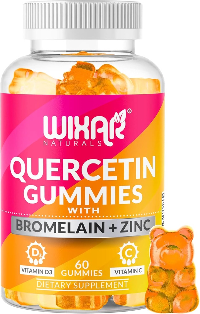 Quercetin Gumies - Quercetin 500 mg bromelinnel, cinkkel, C-vitaminnal és D3-mal - Quercetin gumi kiegészítők immunszupporthoz és allergiához - Immunbooster Vitamins kiegészítés - 60 rágható