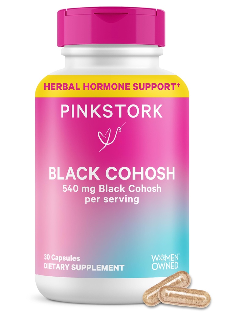 Pink Stork Black Cohosh kiegészítők nőknek - 540 mg Pure Black Cohosh Perimenopauza, Menopauza Support - 30 kapszula