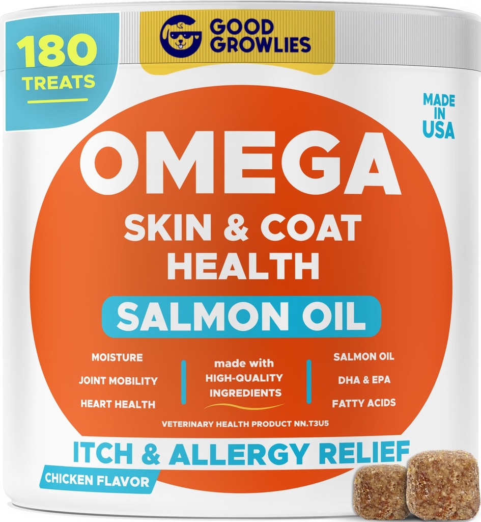 Omega 3 Halolaj kutyáknak (180 Ct) - Skin & Coat Chews - Dry & Itchy Skin Relief + Allergia Support - Shiny Coats - EPA & DHA Fatty acids - Natural Salmon Oil Chews Promotes Heart, Hip & Joint Support