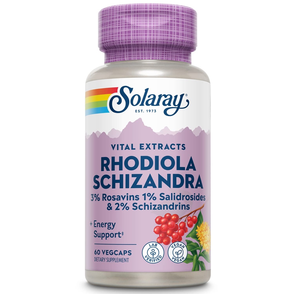 SOLARAY Rhodiola Schizandra - Rhodiola Rosea Extract - Energie-Unterstützung und Freizeit Stress-Relief-Ergänzung - Vegan, Lab Verified, 60-Tage Garantie - 60 Servietten, 60 VegCaps
