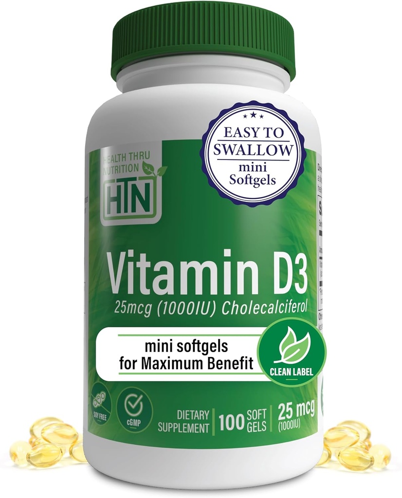 Health Thru Nutrition D3-vitamin 1,000iu 100 Mini Softgels for Maximum Aprovit Organikus EVOO-szint 124; Immunegészségügyi támogatás