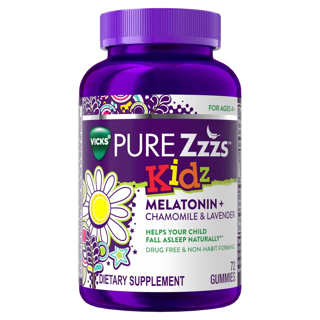 PURE Zzzs Kidz, Kids Melatonin Gummy, Schlafmittel, geringe Menge an Melatonin für Kinder, mit Kamille und Lavendel, Melatonin 1 mg, Melatonin Gummies Kids, Berry Flavored, 72 Schlafgummies
