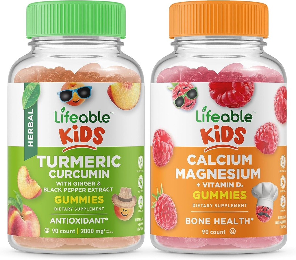 Életképes kurkuma gyerekek + kalcium magnézium gyerekek, gumicukor bundle - nagy ízű, vitamin kiegészítés, glutén mentes, GMO mentes, rágható gumi