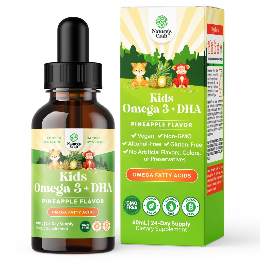 Kinder DHA Omega 3 Tropfen - Fettsäuren Omega 3 6 9 für Gehirn, Immunstärke & Vision - Nährwert DHA für Kinder für gesunde Nervensystem & Fokus Unterstützung - Flüssige Ergänzung mit EPA & ALA - 2 Fl Oz