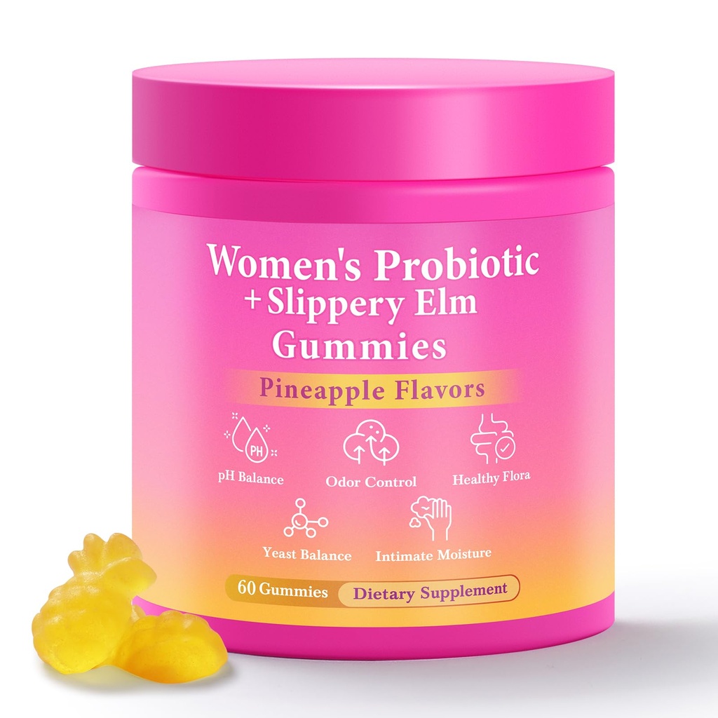 BURMINY Ihr Juicy Feminine Probiotics Gummis, Premium Feminine Balance Probiotics mit Slippery Elm für Frauen pH Balance und Frische – Support Daily Wellness & Comfort 60 Ananasgummis