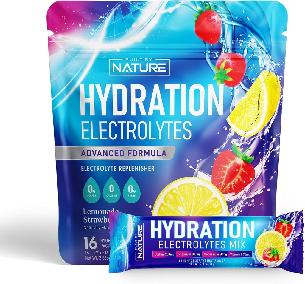 Elektrolitok por hidratáló csomagok - Recovery Drink Mix nátrium, Kálium, Magnézium, Kalcium, C-vitamin & Cink - Sugar Free, Keto, Non GMO & Vegan - Strawberry Lemonade - 16 Sticks