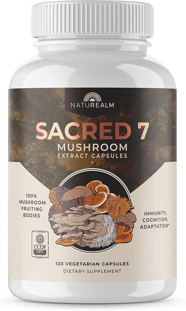 Naturealm Sacred 7 Bio Pilzpulver für Kaffee - Premium Pilz-Ergänzung Mischung mit Lions Mane, Reishi, Chaga - USDA Organic Daily Wellness Blend (120 Count (Pack von 1), Sacred 7)
