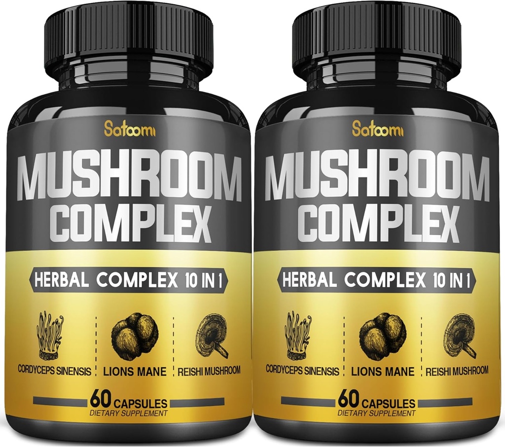 Satoomi 10in1 Pilz Complex ergänzt Kapseln - 4 Monate Versorgung - Blends mit Lions Mane, Cordyceps, Reishi, Chaga, Maitake, Shitake & Others - 2 Packungen 60 Kapseln