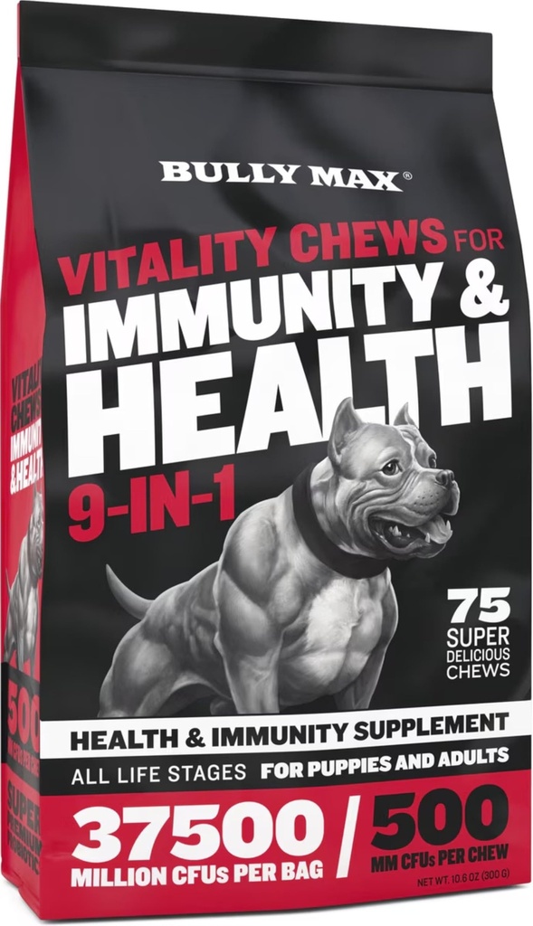 Bully Max Dog Chews & Multivitamin Treats für Welpen & Erwachsene Hunde - 75 Soft Chews, Hundezusätze & Vitamine für alle Rassen - Haut, Mantel, Gehirn, Herz, Verdauungsgesundheit, Immunität, Gelenkunterstützung