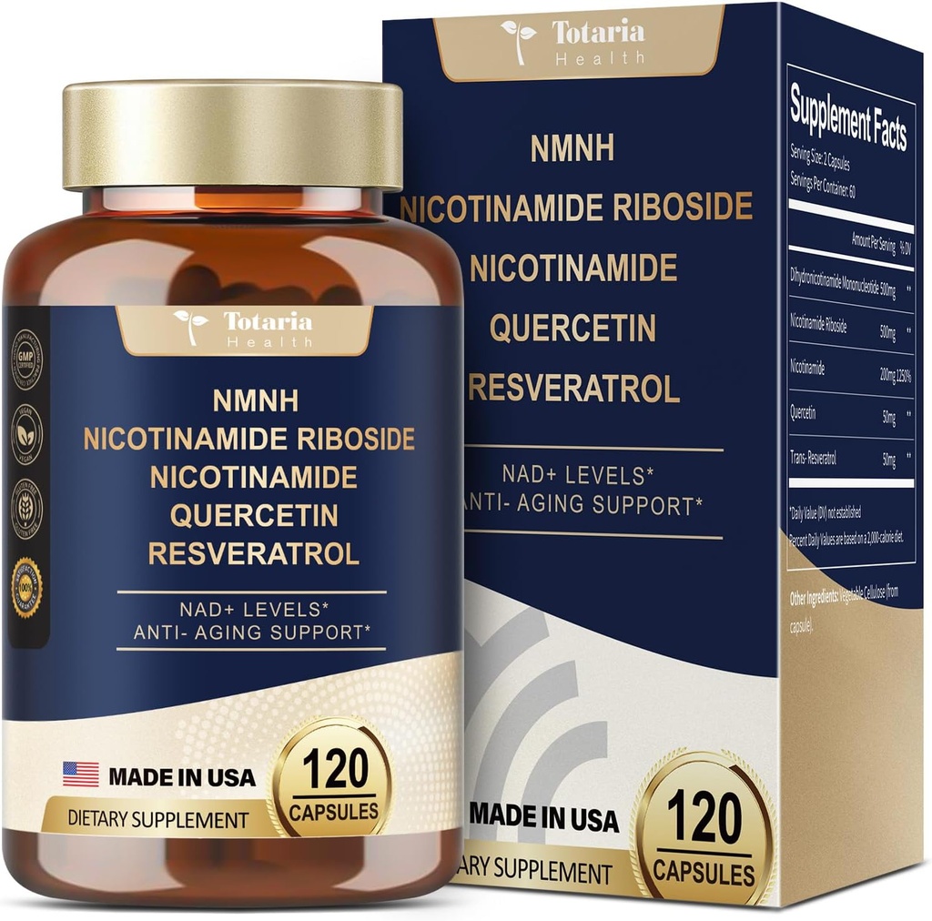 Totaria NMNH (Dihydronicotinamid Mononukleotid), NMNH-Ergänzung w/Niacinamid (Vitamin B3), Quercetin, Trans-Resveratrol, NAD+, Hautzellengesundheit*, Anti-Aging & Energy, 120 Caps
