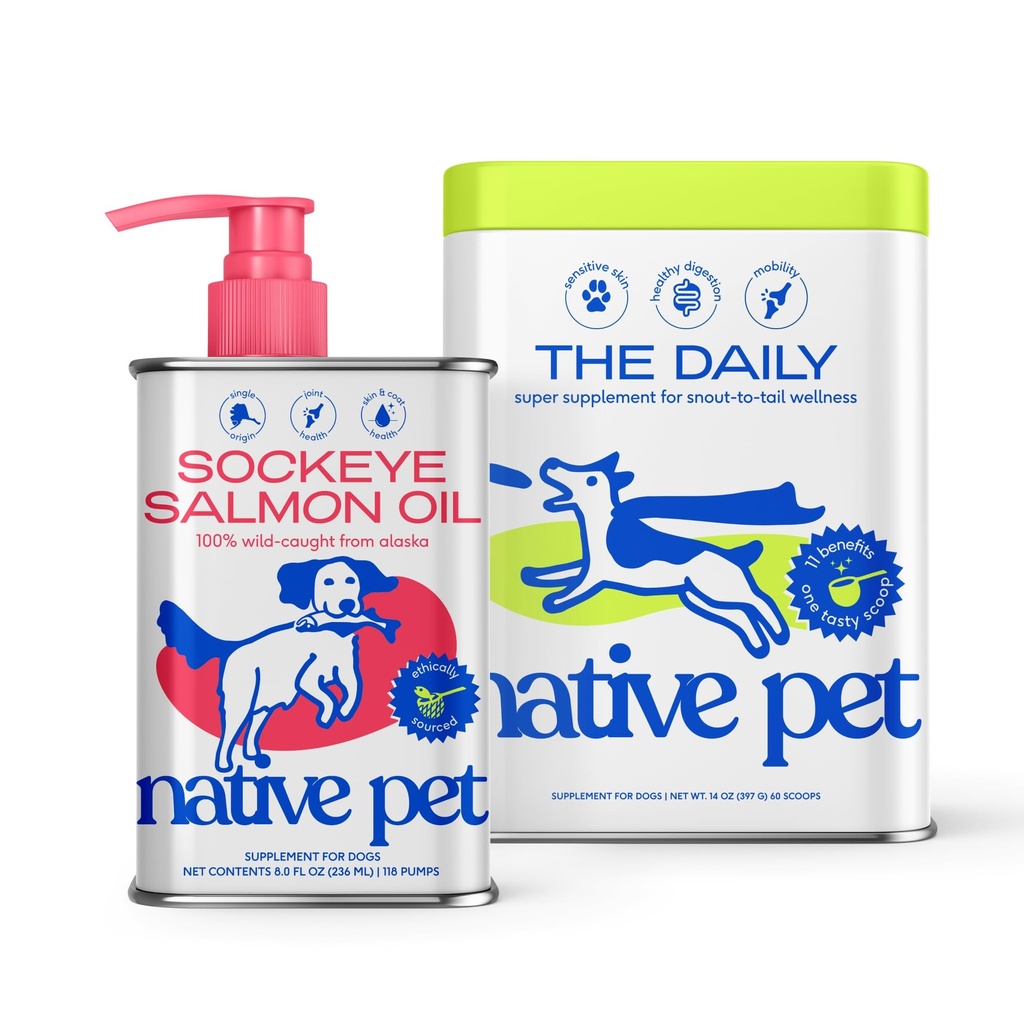 Native Pet The Daily Dog Supplement (60 Scoops) & Salmon Oil for Dog & Cats (8 Oz) - 11 in 1 Multivitamin & Pure Omega3 Fish Oil Supplement for Skin & Coat, Joint, Heart Health & Anti- Inflamentia