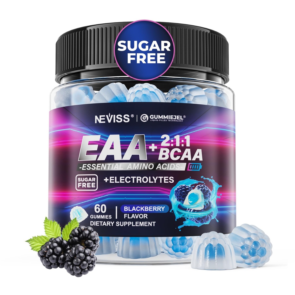 EAA-Gummi-Ergänzungen, Alle 9 essentiellen Aminosäuren-Ergänzung, BCAA Aminosäuren-Gummien für Herren Frauen ¶Branched-Chain Aminos & Elektrolyt Hydration GummiesŠGluten frei, Himbeer Geschmack, Vegan, 60