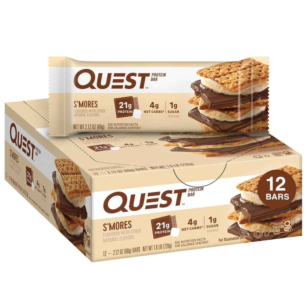 Quest Nutrition S 'mores Protein Bars, 21g Protein, 1g Sugar, 4g Net Carb, Gluten Free, Keto Friendly, 12 Count