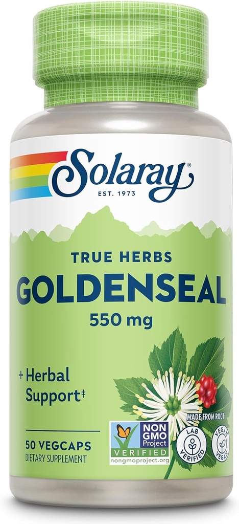 SOLARAY Goldenseal Root 550mg - Golden Seal Capsules - Kräuter-Ergänzungen für Wellness-Unterstützung - Non-GMO, Vegan, Glutenfrei, Lab Verified, 60-Day Geld zurück Garantie, 50 Servierungen, 50 VegCaps