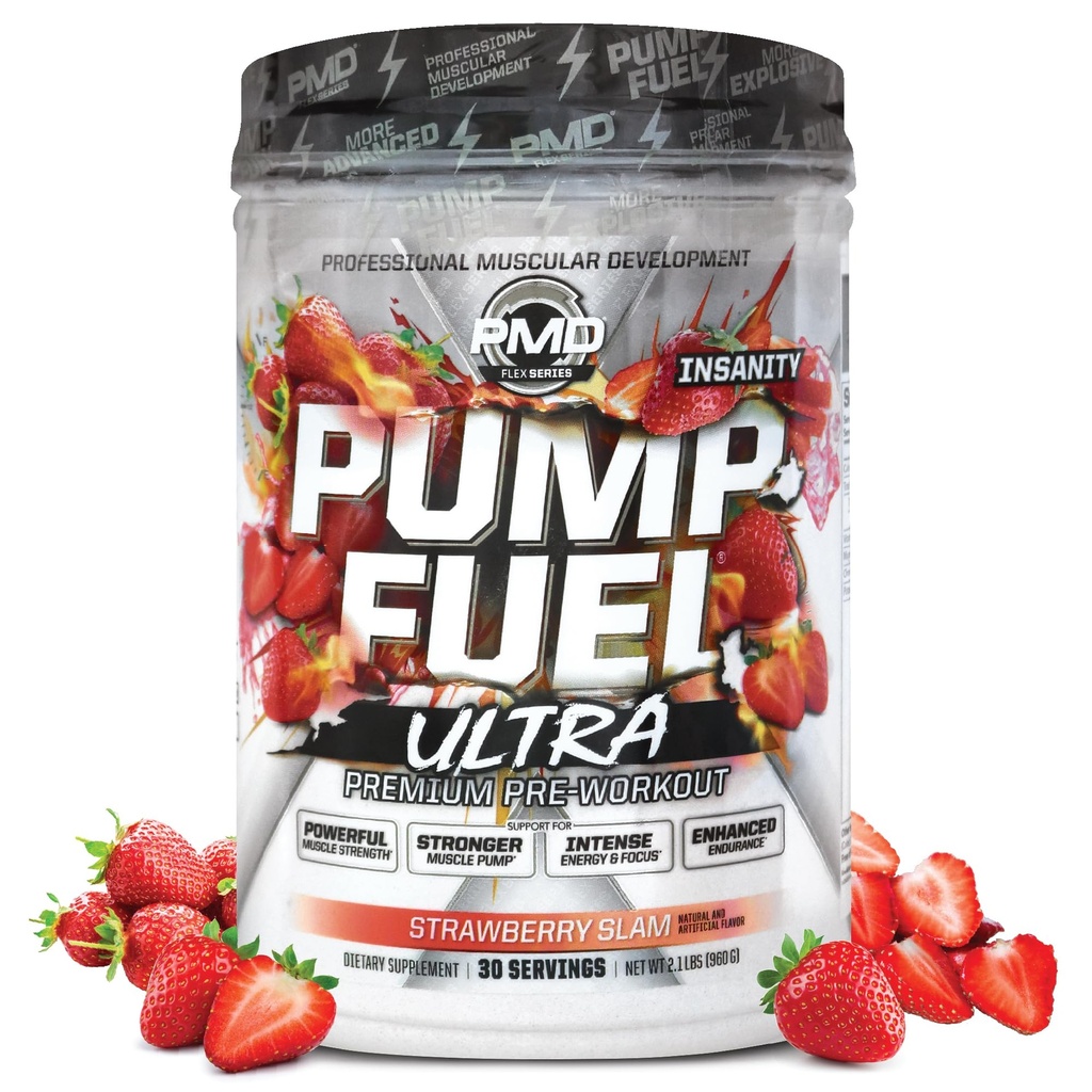 PMD Sports Pump Fuel Ultra Insanity - Premium Pre Workout Powder & Muskelpumpe, Großer Fokus, Endurance & Recovery, Premium Creatine, Arginine & Beta Alanine - Erdbeer-Slam (30 Portionen)