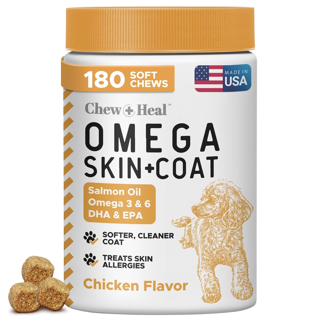 Lachsöl für Hunde - 180 Soft Chew Omega Treats für Haut und Mantel - Fish Oil Blend of Essential Fatty Acids, Omega 3 und 6, Vitamine, Antioxidantien und Mineralstoffe - Made in USA