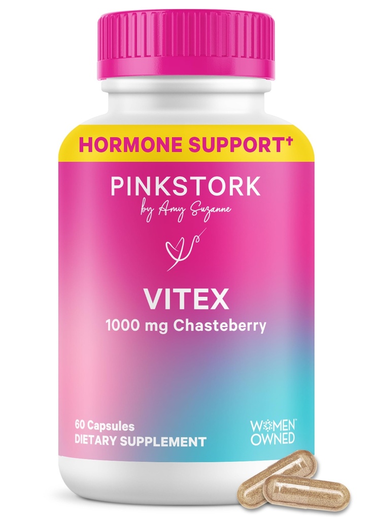 Pink Stork Organic Vitex - 1000 mg Chaste Tree Berry - Plant- alapú támogatás Perimenopauza & Hormonal Harmony - Segít fenntartani a ciklus szabályosságát és egészséges Progresteron egyensúly - 60 Vegán kapszula