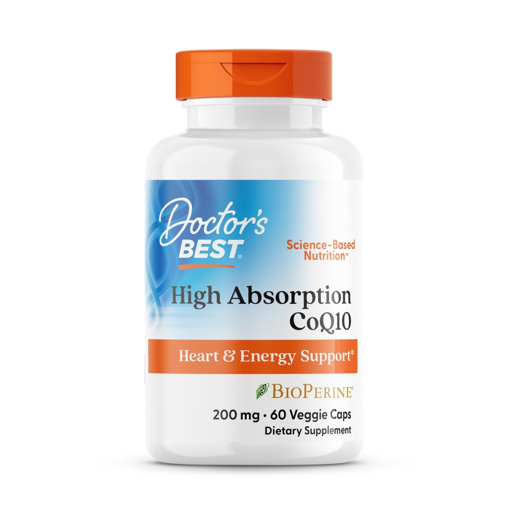 Doctor's Best High Absorption CoQ10 200mg mit BioPerine Supplement - Coenzym Q10 Kapseln für Herz-Gesundheit & Antioxidans Unterstützung, CoQ10 200 mg für Frauen und Männer, Non GMO - 60 Veg Kapseln