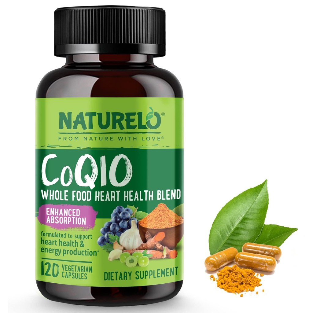 NATURELO Ganzes Nahrungsergänzungsmittel CoQ10, 120 Veg Kapseln, Herzgesundheitsmischung, Leistungsstarkes Antioxidans, CoQ10 100mg unterstützt Energieproduktion