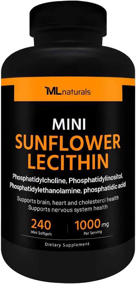 ML Naturals Mini Sunflower Lecithin 240 Softgels. Foszfatidilkolin, foszfatidilinozit, foszfatidiltanolamin, foszfatidikus sav, NSF- Certified & cGMP- Compliant