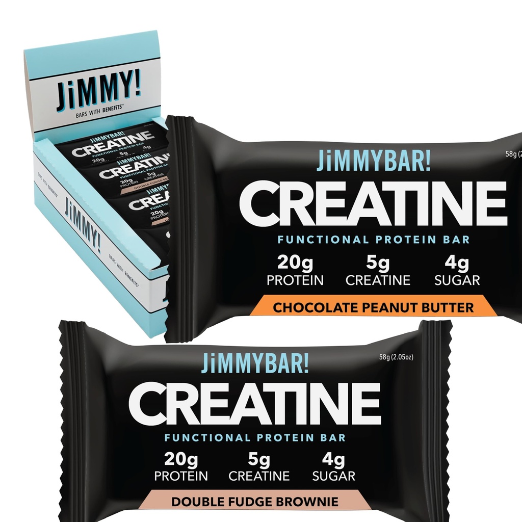 (NEW) JiMMYBAR! Creatine Protein Bar - 5g Creatine Monohydrate + 20g Protein - High Protein Snack - Unterstützt Muskelwachstum, Stärke und Erholung - Real Food Energy Bar für Athleten | 12 Schokolade Peanut Butter + 12 Fudge Brownie Variety Pack (24 Bars)
