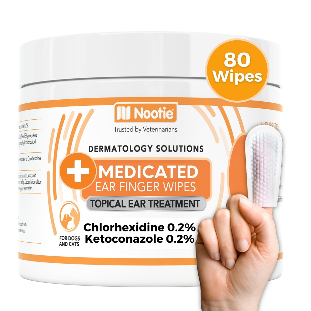 Nootie Medicated Ear Finger Wipes mit Chlorhexidin für Hunde, Gentle Dog Ear Cleaning Wipes für juckende, empfindliche Ohren - Hilft Wax, Dirt Buildup, & Odor 80 Wipes - Made in USA