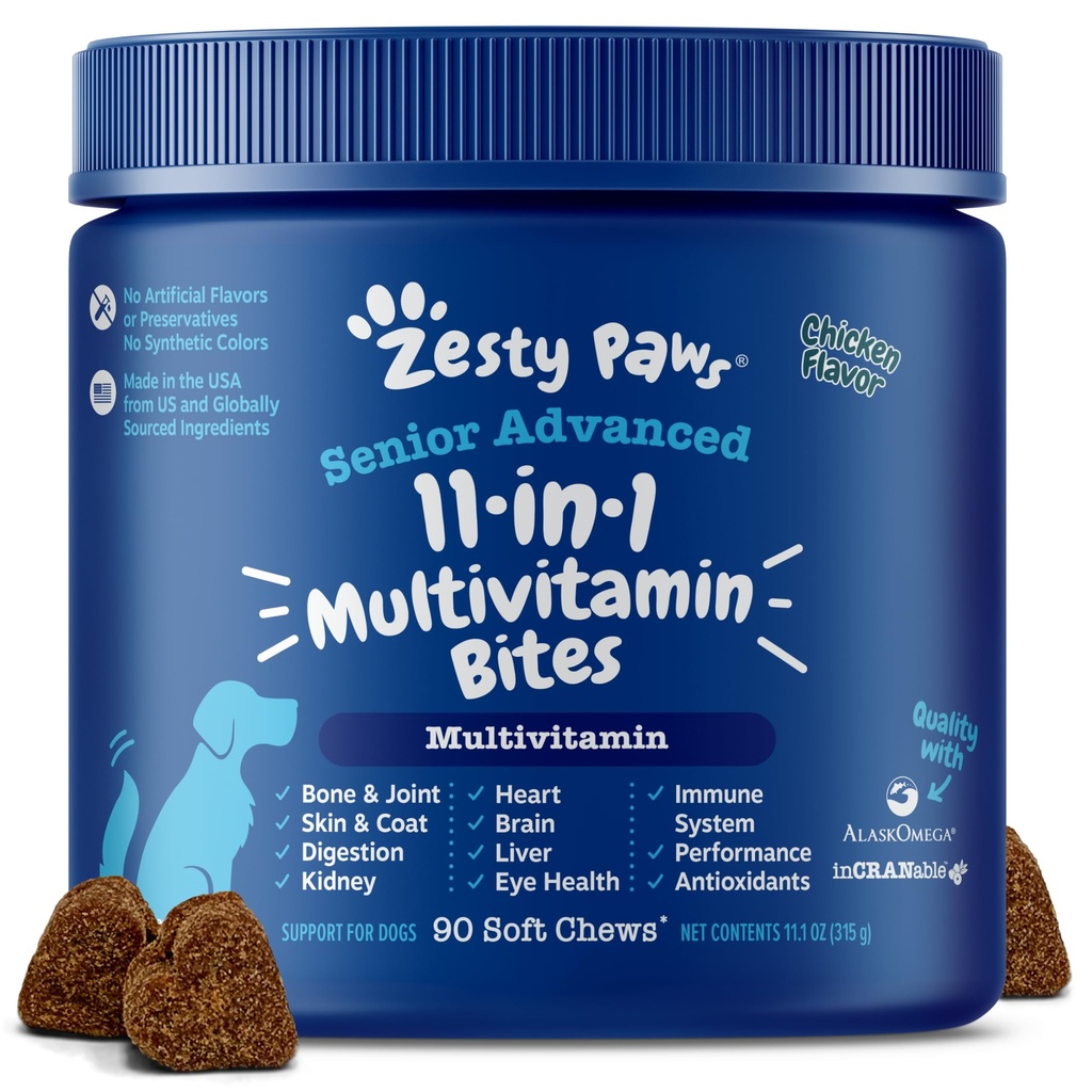 Zesty Paws Senior Dog Multivitamin Treats - Glucosamin für Hunde + Verdauungsenzyme & Probiotics - Grain Free Dog Vitamins and Supplements for Skin & Coat + Immune Health Chicken - Fortgeschritten - 90ct