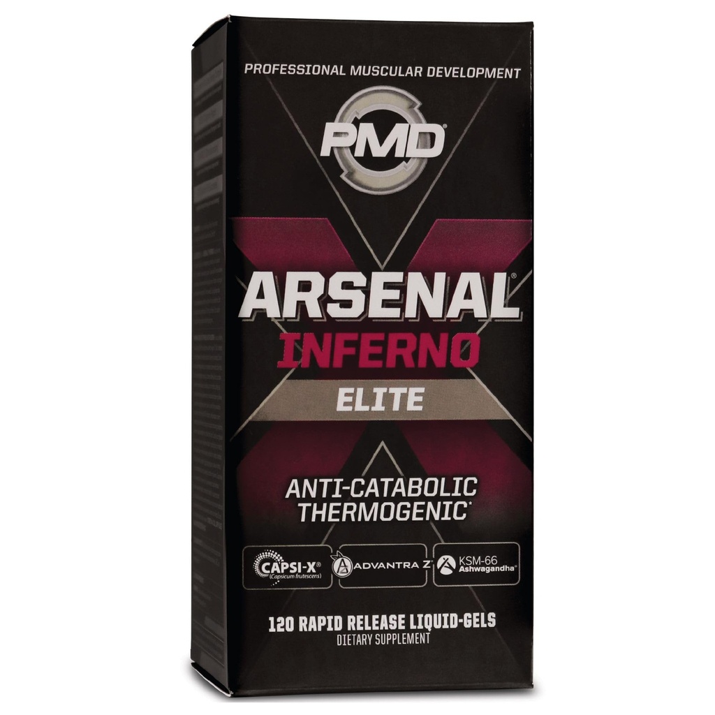 PMD Sports Arsenal X Inferno Superior Fast-Acting Liquid Gel Thermogenic Nahrungsergänzung - Fat Burner und Muskelpflege - Erhöhen Sie Stoffwechsel und Energie Booster - 120 Flüssige Gele
