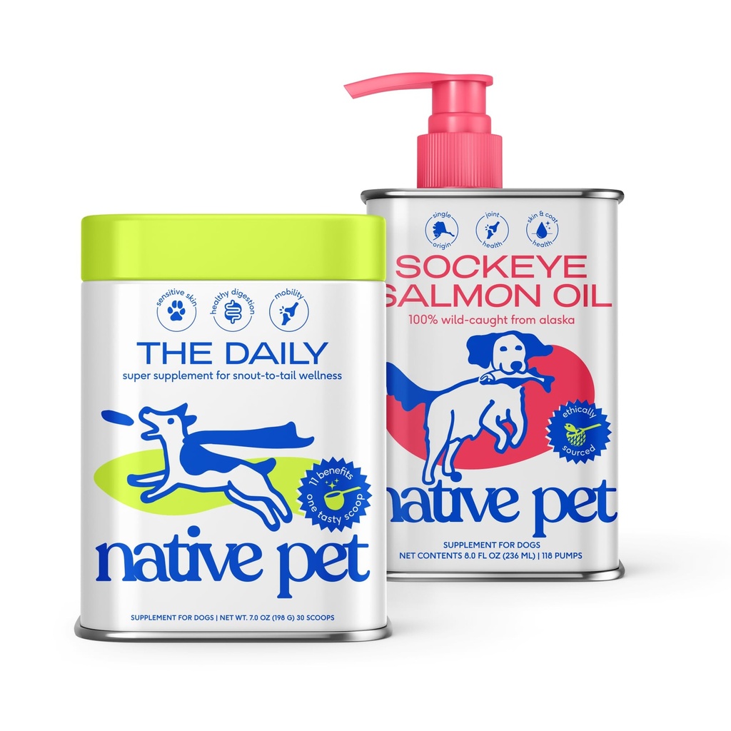 Native Pet The Daily Dog Supplement (30 Scoops) & Salmon Oil for Dog & Cats (8 Oz) - 11 in 1 Multivitamin & Pure Omega3 Fish Oil Supplement for Skin & Coat, Joint, Heart Health & Anti- Infleratio