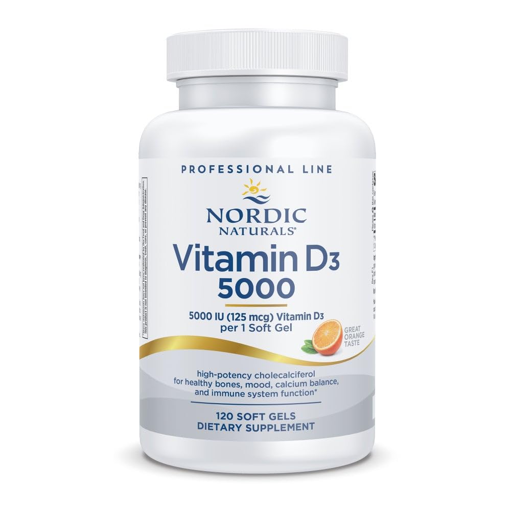 Nordic Naturals Pro Vitamin D3 5000, Orange - 120 Mini Soft Gels - 5000 IE Vitamin D3 - Unterstützt Gesunde Knochen, Stimmung & Immunsystem Funktion - Nicht-GVO - 120 Portionen