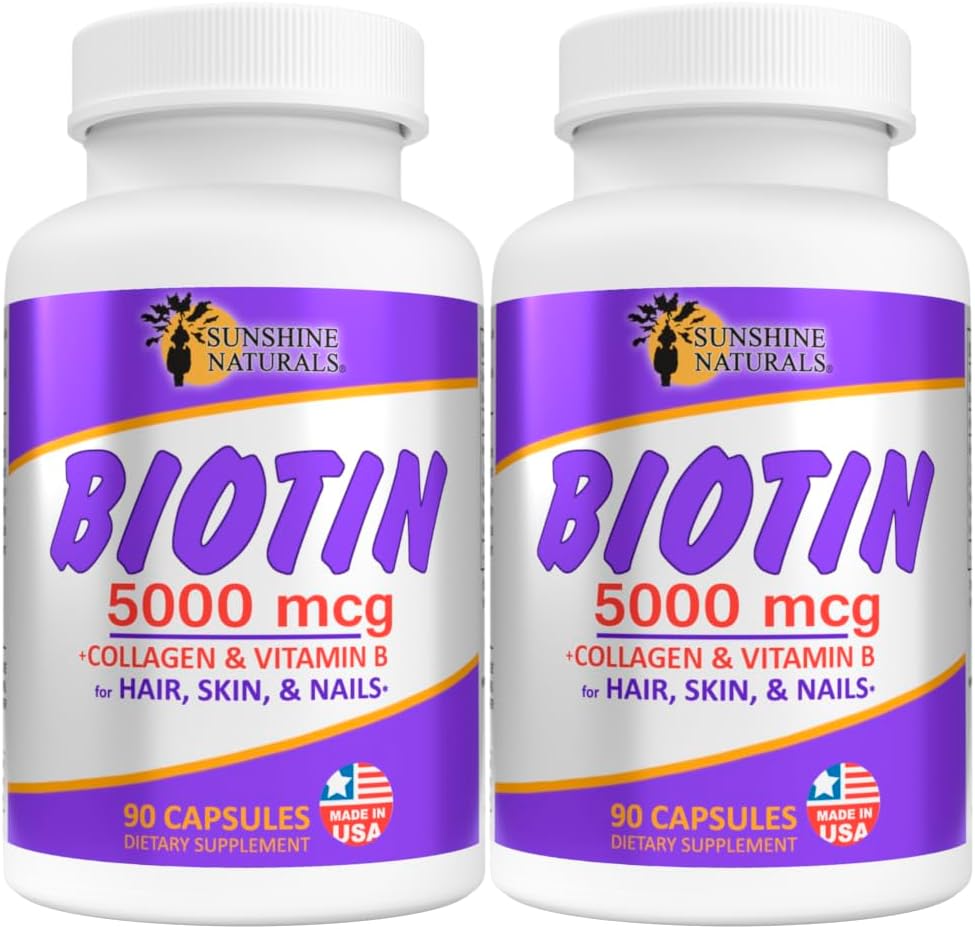 Sunshine Naturals Biotin Nahrungsergänzung. für gesündere Haut, Thicker Hair, Nail Growth. Kollagen, Vitamin A, B für Haarausfall, Schönheit, Zellerneuerung, Kopfhautgesundheit. 5000 mcg. 90 Kapseln. Pack von 2