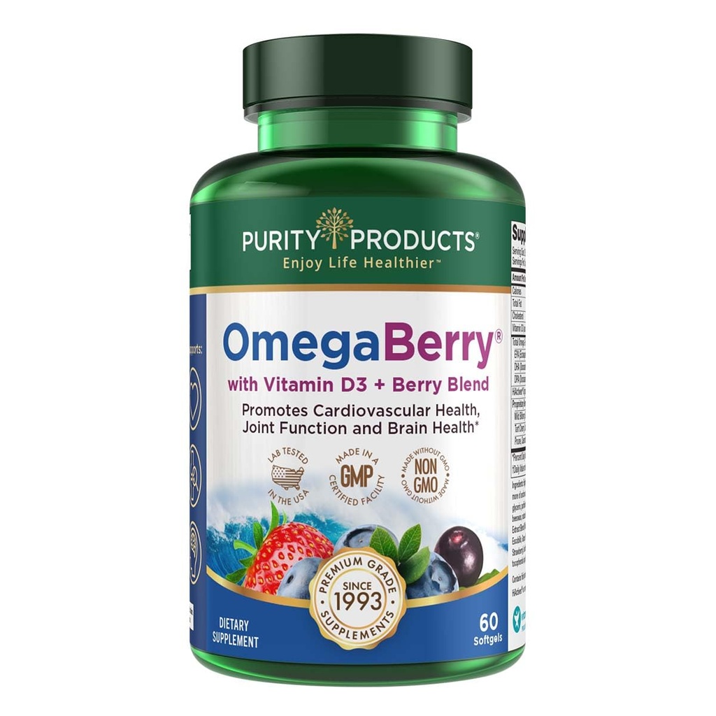 Tisztaság Termékek OmegaBerry Halolaj D3-vitamin és szerves Akai - 1250mg koncentrált Molekárisan diszperziós Ultra Pure Omega3 Halolaj, 500mg DHA + 650mg EPA - 60 Soft Gels - 30 napos ellátás