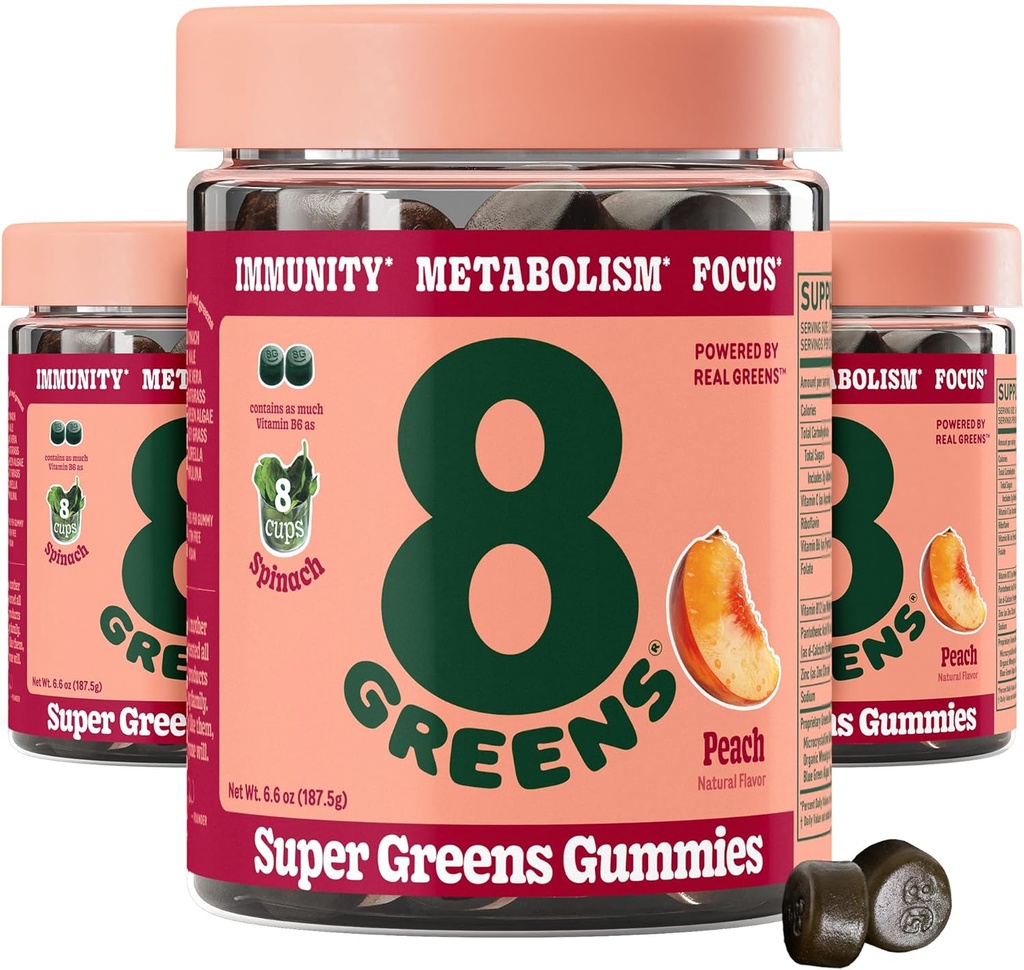 8Greens Supergreens Gummies | Super Greens Powder Superfood Gummy für Stoffwechsel, Immunität & Fokus, Verdauungs-Gesundheitsenzyme, Organisch: Chlorella, Spirulina, Aloe Vera, Peach Flavor, 150 Count