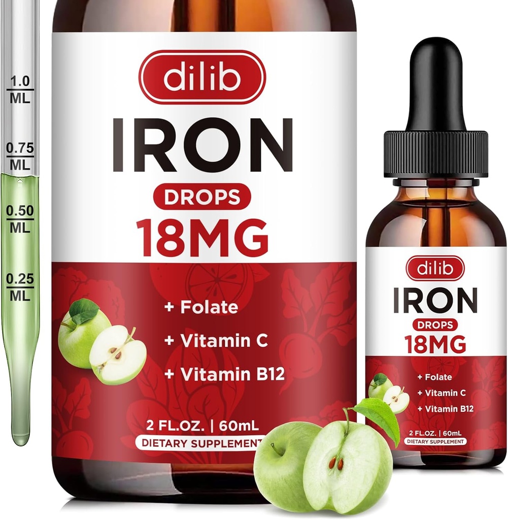 Folyékony vaspótló nők és férfiak vas cseppek vaspótló vérszegénység folsav, C-vitamin, B12 vörös vérsejt támogatás - zöld Apple Flavor, 2 Fl Oz