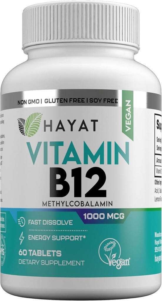 HAYAT Vitamine Vegan Natürliches Vitamin B12 1000 MCG, Nahrungsergänzungsmittel für Energie Metabolismus Unterstützung, 2 Monate Versorgung, Alle natürlichen, zertifizierten Halal, 60 Tabletten, Made in USA