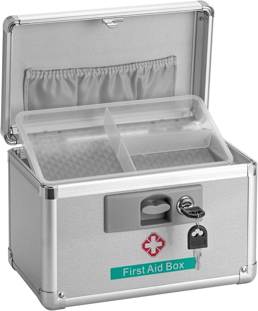 Metal Medicine Storage Box with Key, 10 x 6 x 6.7 "First Aid Box Lock for Medication, Side Proof Box empty Organizer for Home, Dorm, Office