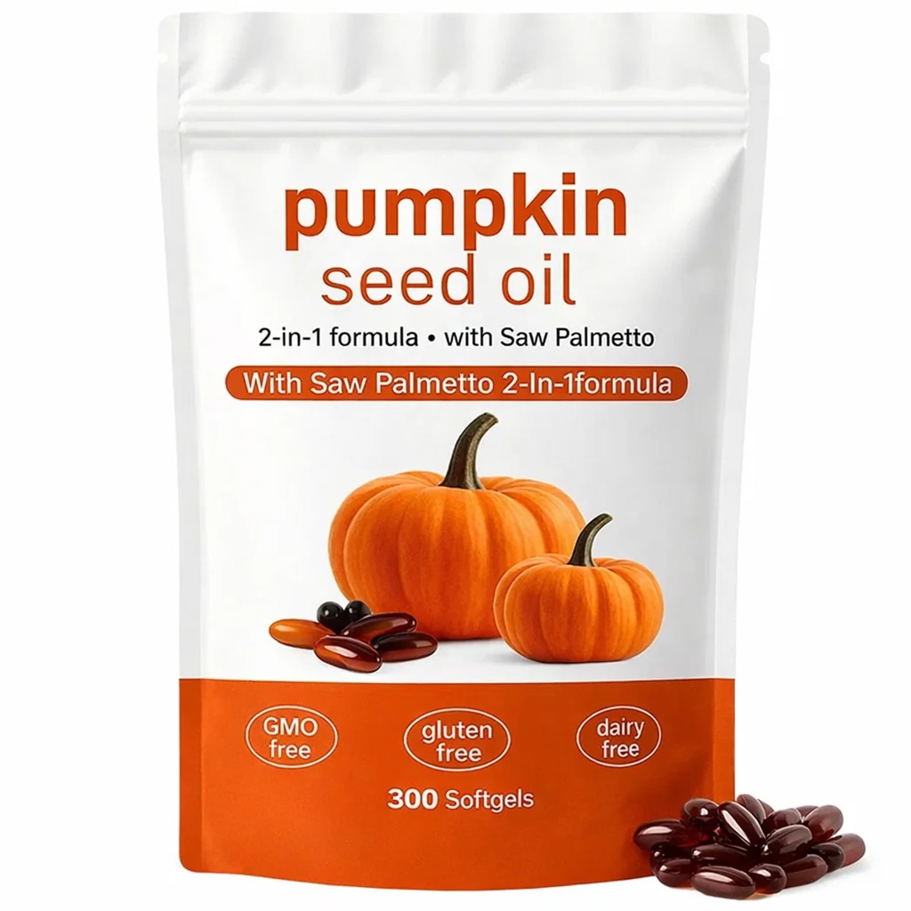 Pumpkin Seed Oil Capsules, 2 in 1 Pumpkin Seed Oil with Saw Palmetto for Hair, 3000mg Pure & Natural Supplement, Supports Hair Heart Skin Supplement, Non-GMO, Gluten Free, 300 Softgels (1)
