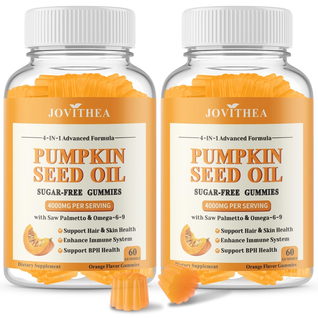 2 Pack Pumpkin Seed Oil Gummies with Saw Palmetto, Organic Pumpkin Seed Oil Supplement for Hair Growth, Youthful Skin & Prostate Health, Omega 6 9, Sugar Free, Cold Pressed, Orange Flavor, 120 Count