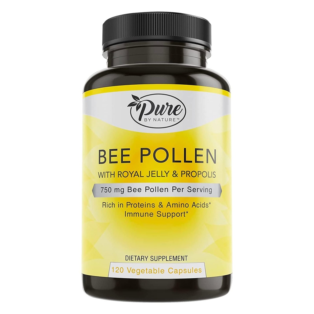 Pure by Nature Bee Pollen kiegészítés Propolis & Royal Jelly immuntámogatásra, antioxidáns tulajdonságok, 120 Non-GMO Vegetáriánus kapszula