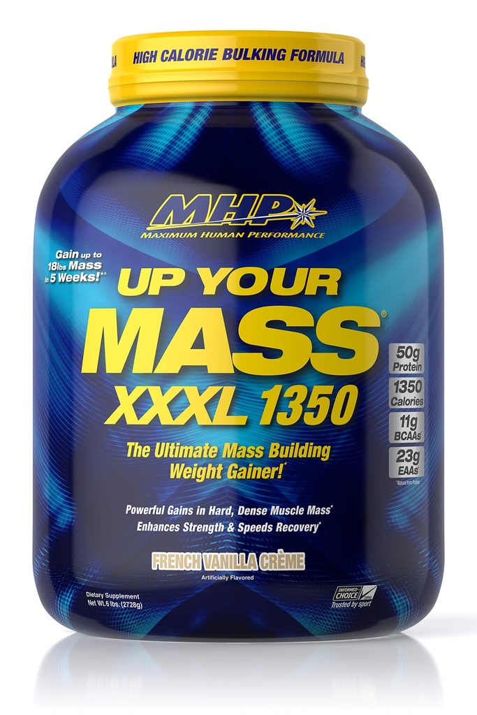 Maximale menschliche Leistung MHP UYM XXXL 1350 Massen-Gebäude Gewicht Gainer, Muskelmasse Gains, w/50g Protein, hohe Kalorien, 11g BCAAs, Leucine, Französisch Vanilla Creme, 8 Portionen