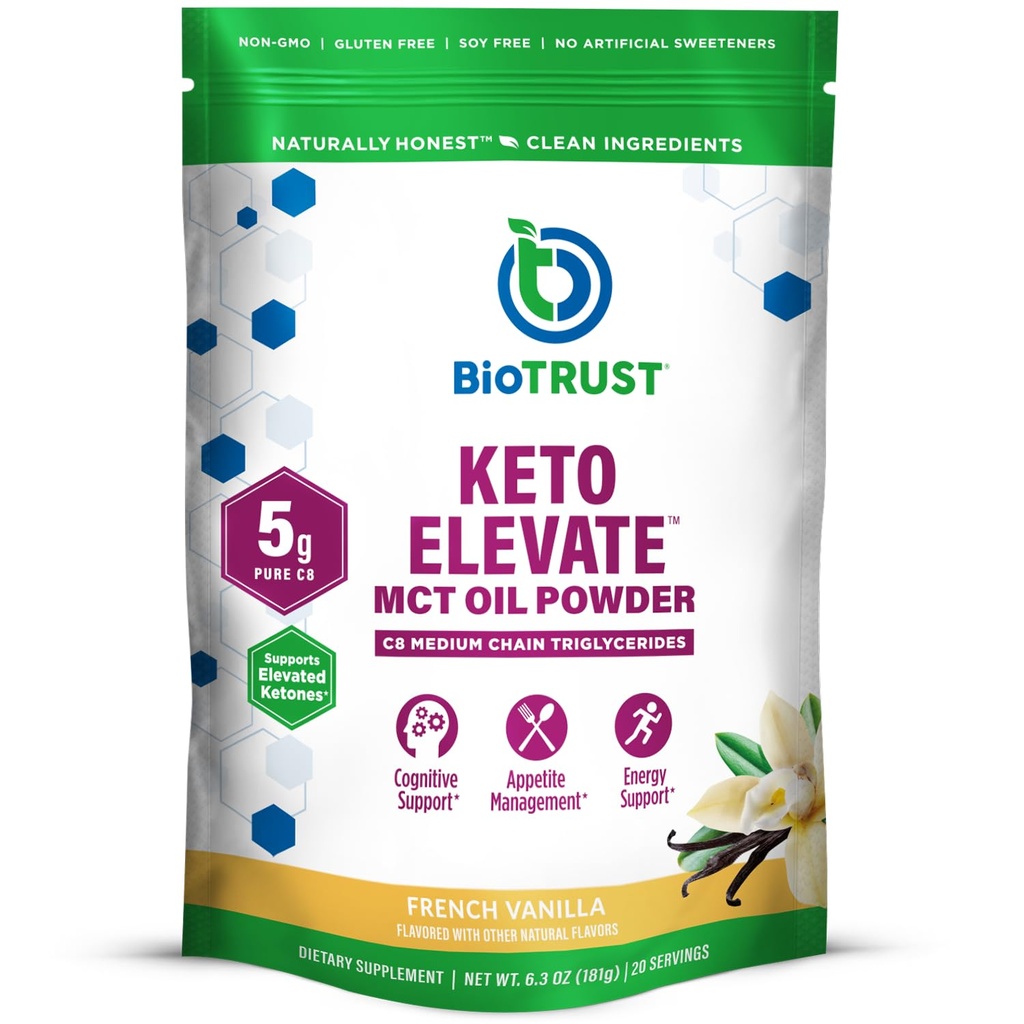 BioTrust Keto Emelet - C8 MCT Oil Powder - Ketogen MCT Coffee Creamer, Keto Coffee Creamer - Clean Energy, Mental Focus, Clarity -100% Caprasic Acid MCT Powder, Non-GMO (Francia Vanilla, 20 szerváció)