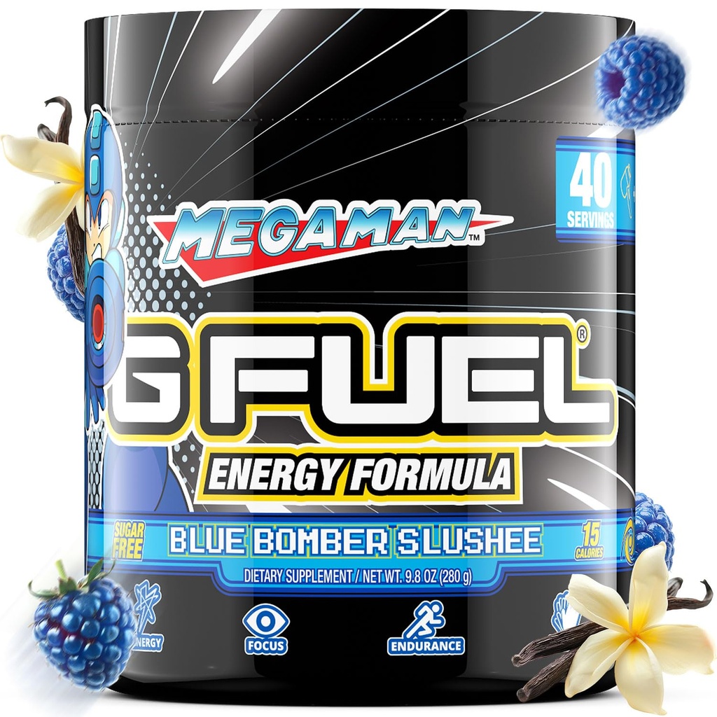 G Fuel Megaman Energy Drink Powder, Pre Workout Caffeine Mix für Gaming, Zucker freie Fokus Amino, Vitamin + Antioxidantien, 9.9oz (Blaue Slushee, 40 Servierungen)