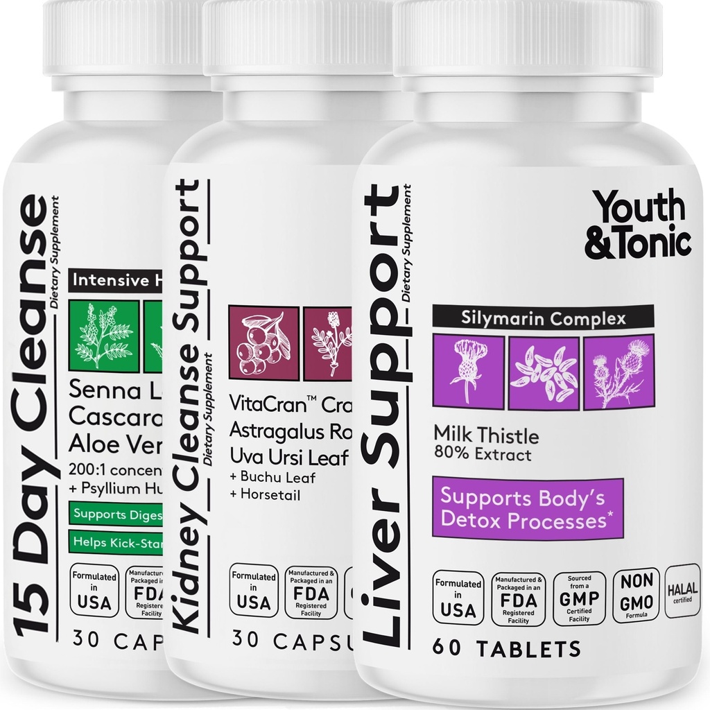 Youth & Tonic 3X Testtisztítás és Detox pirula a nők és férfiak a máj, vese, Colon kiegészítők, hogy támogassa az egészséges funkciók és a veszteség a nem kívánt szennyeződések és a metabolikus hulladék. 120 kapszula