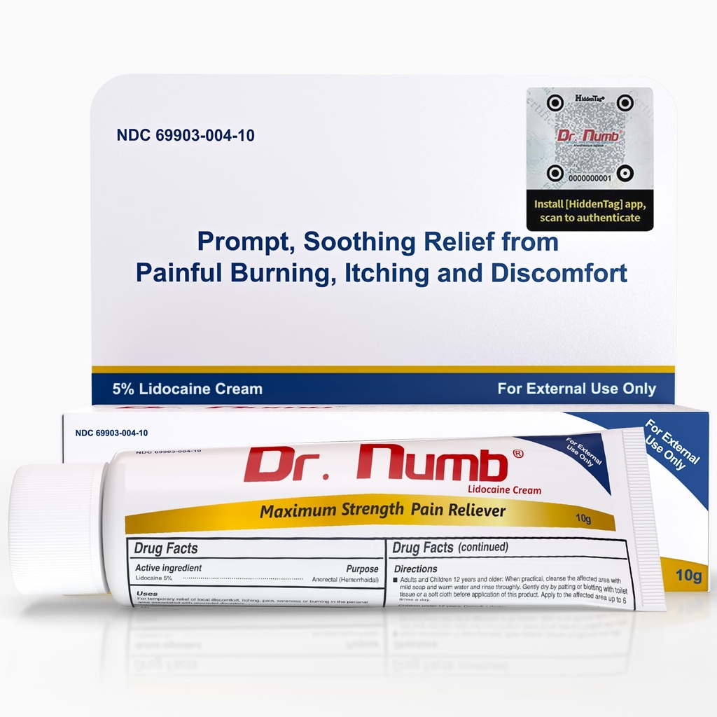Dr. Numb 5% Lidocaine Numbing Cream, Nonprescription Maximum Strength Topical Anesthetic Cream - Temporary Relief of Pain, Itch, Discomfort for Hemorrhoid and Anorectal Uses - 10g Pack of 1