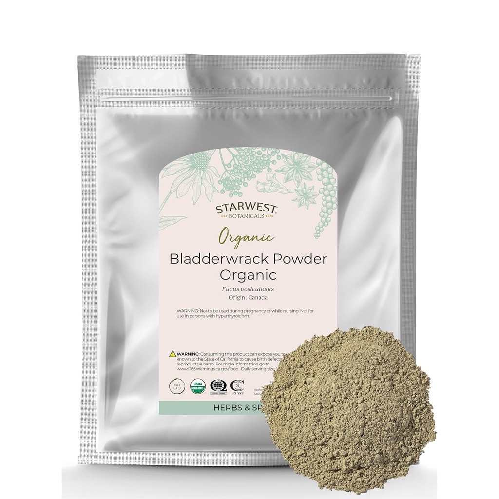 Csillagnyugati botanikai szárított Bladderwrack Organic Powder - Natural Seaweed Herb, Forrás jód, Kálium, Cink, Kalcium, Vitamins A & C, Certified Kosher, Non-GMO - Bulk 1 LB Bag
